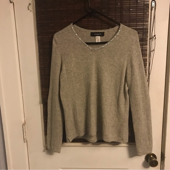 JONES NEW YORK 100% Cashmere VNeck Sweater Sequin Trim Light Gray Size L - Picture 1 of 5